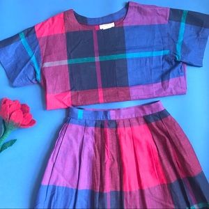 Vintage Pink-Blue plaid cotton two piece skirt set